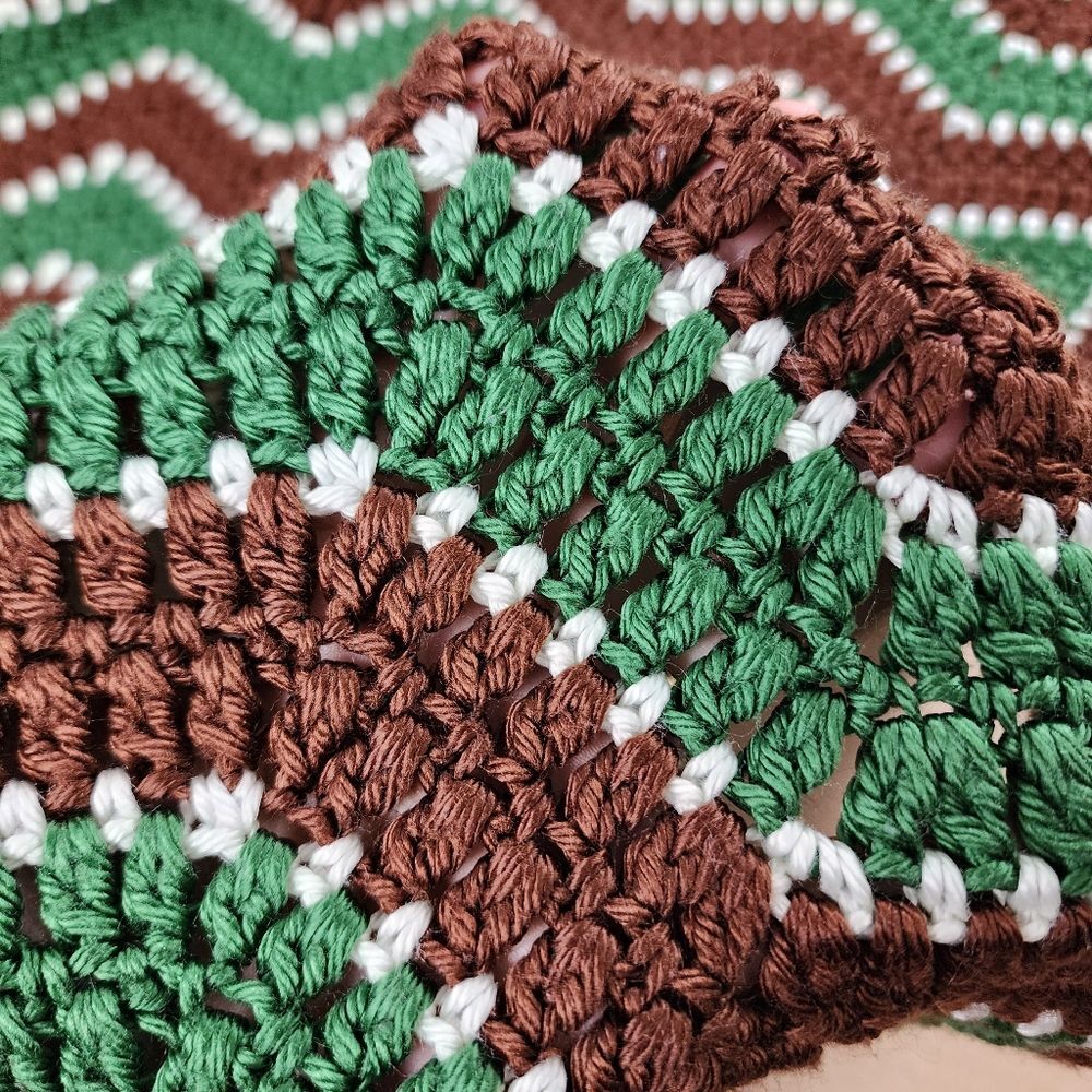 Handmade Crochet Throw Blanket Green Brown White Chevron Zigzag Scalloped Retro - Picture 13 of 16